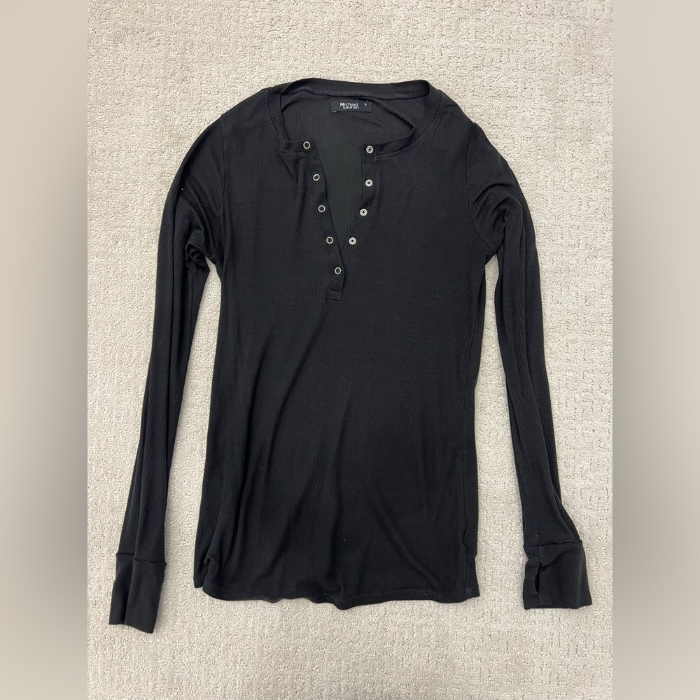Michael Lauren Black Sheer Long Sleeve Henley Shirt Top